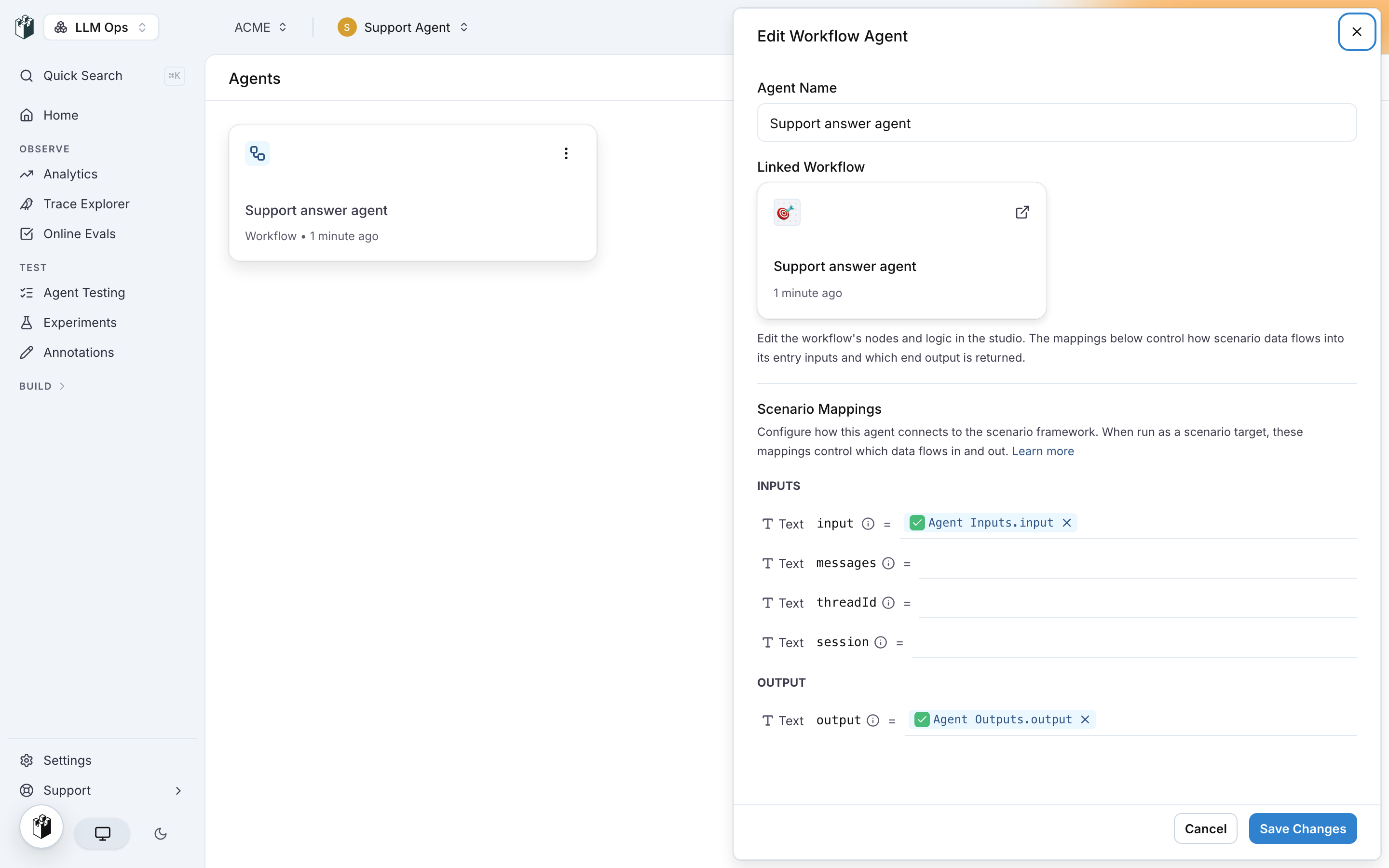 The Edit Workflow Agent drawer with the linked workflow and the scenario mappings