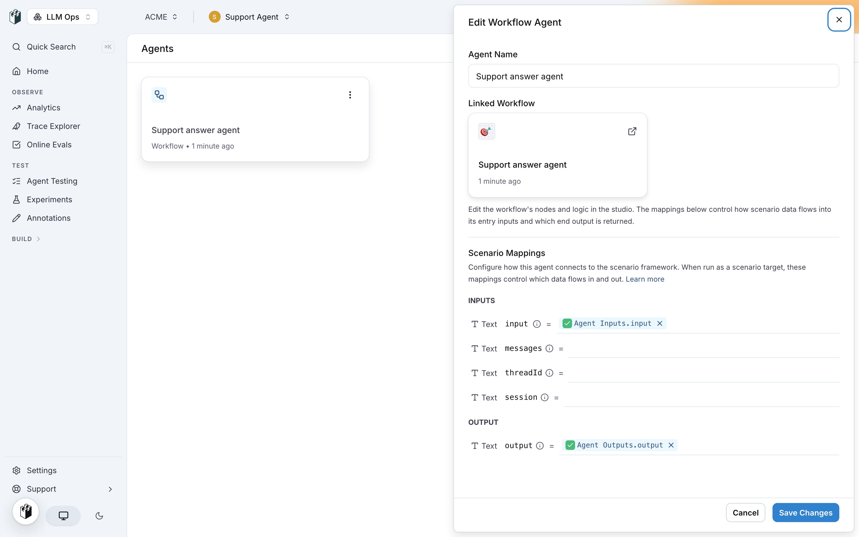 The Edit Workflow Agent drawer with the linked workflow and the scenario mappings