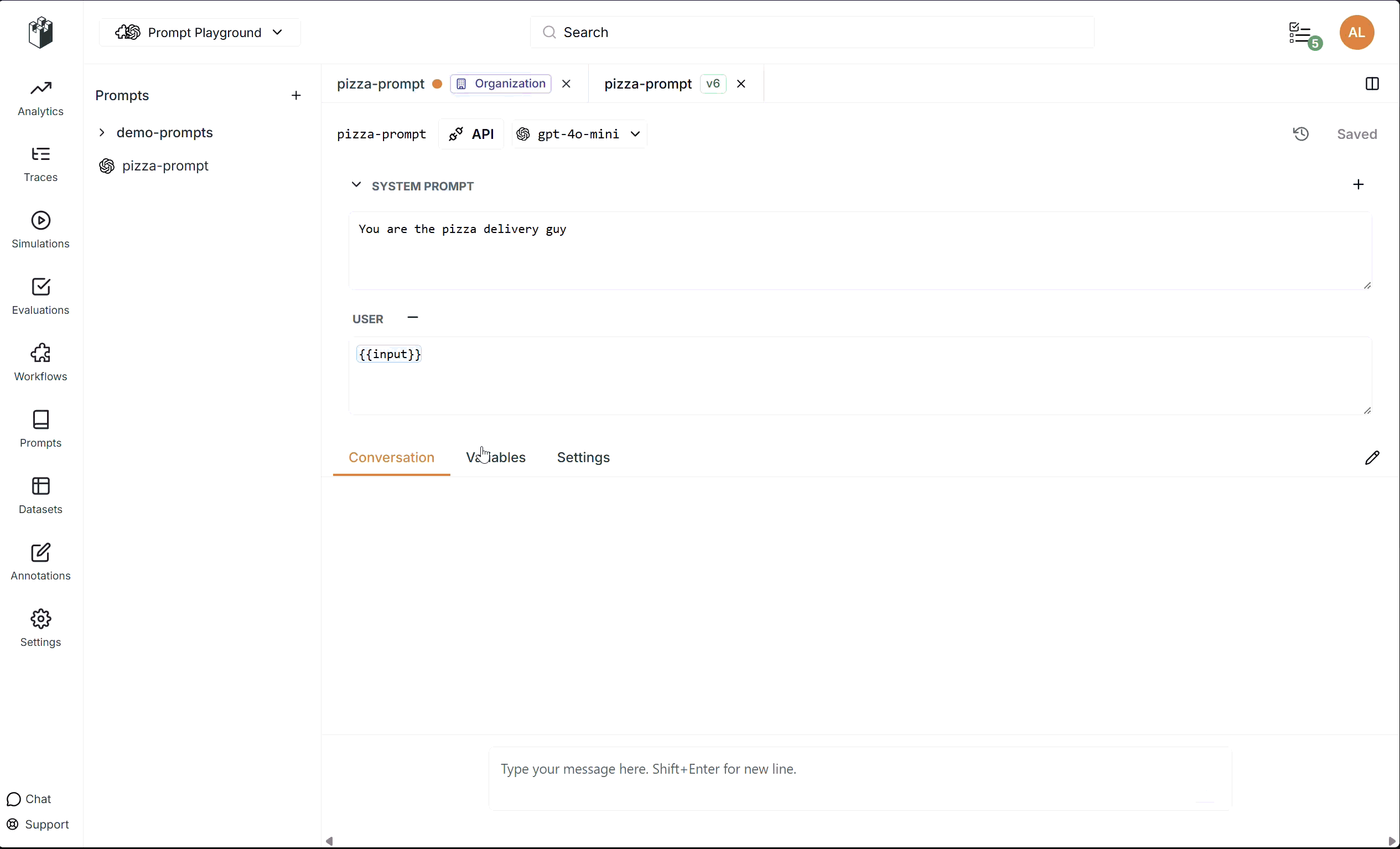 Prompt Playground variables tab