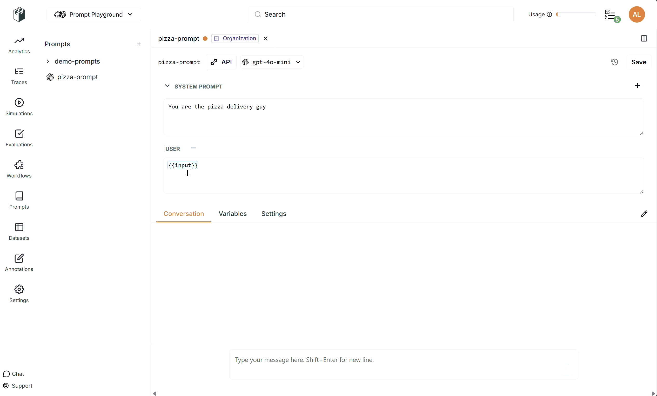 Prompt Playground messages editor