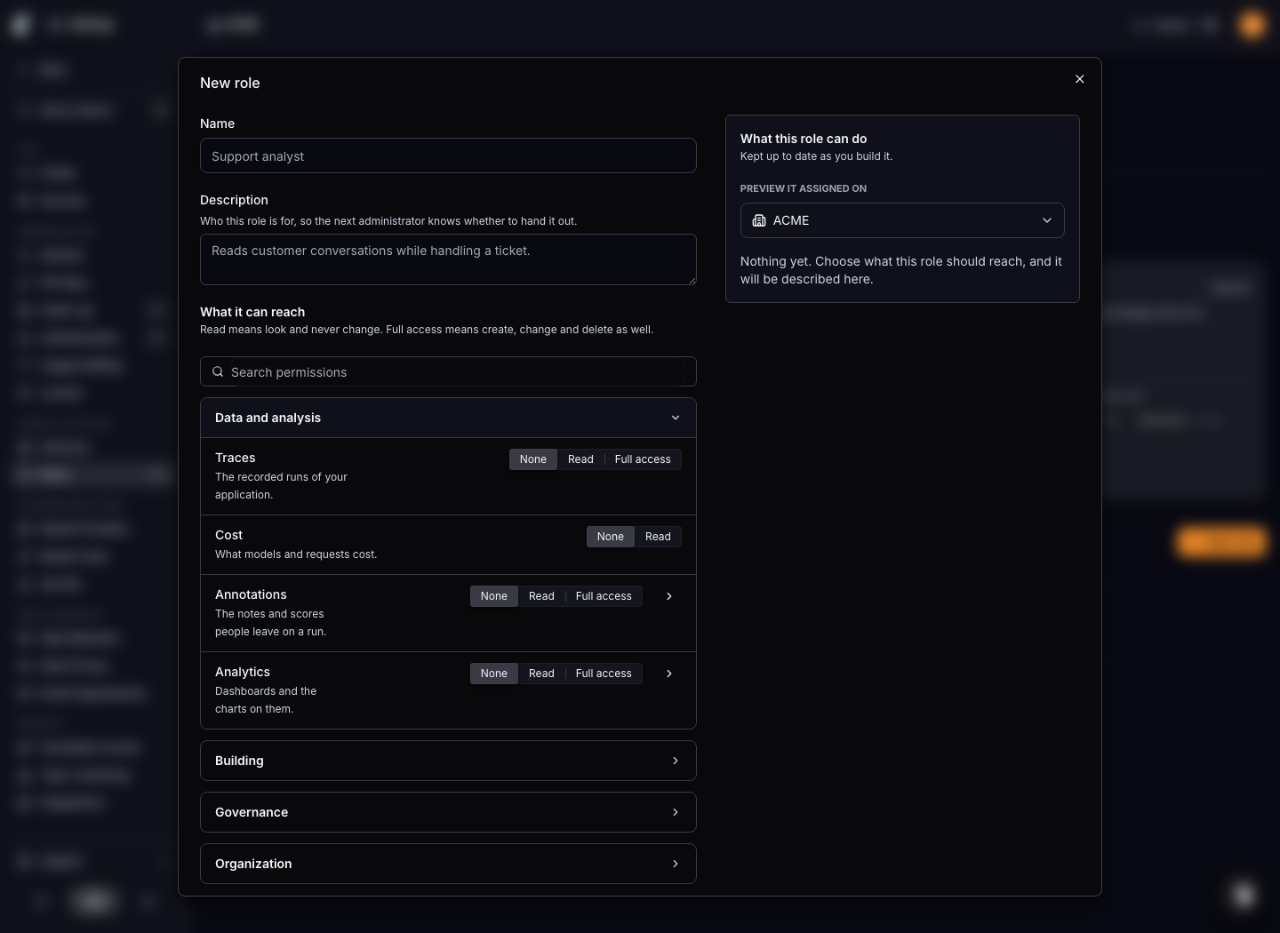 The custom-role editor with permission levels and a scope preview