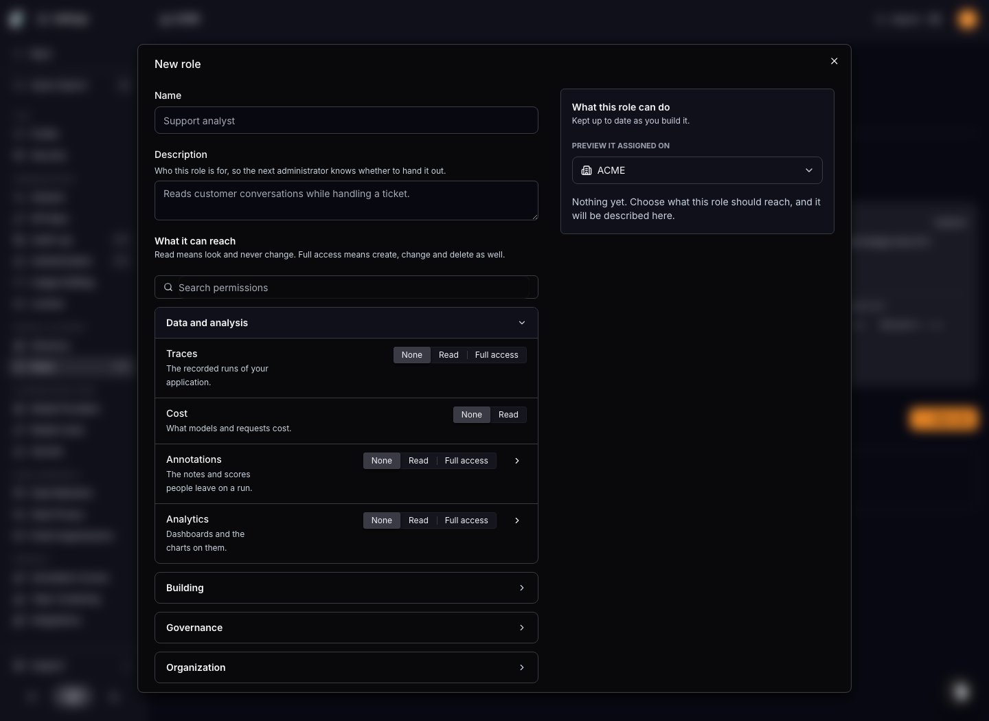 The custom-role editor with permission levels and a scope preview