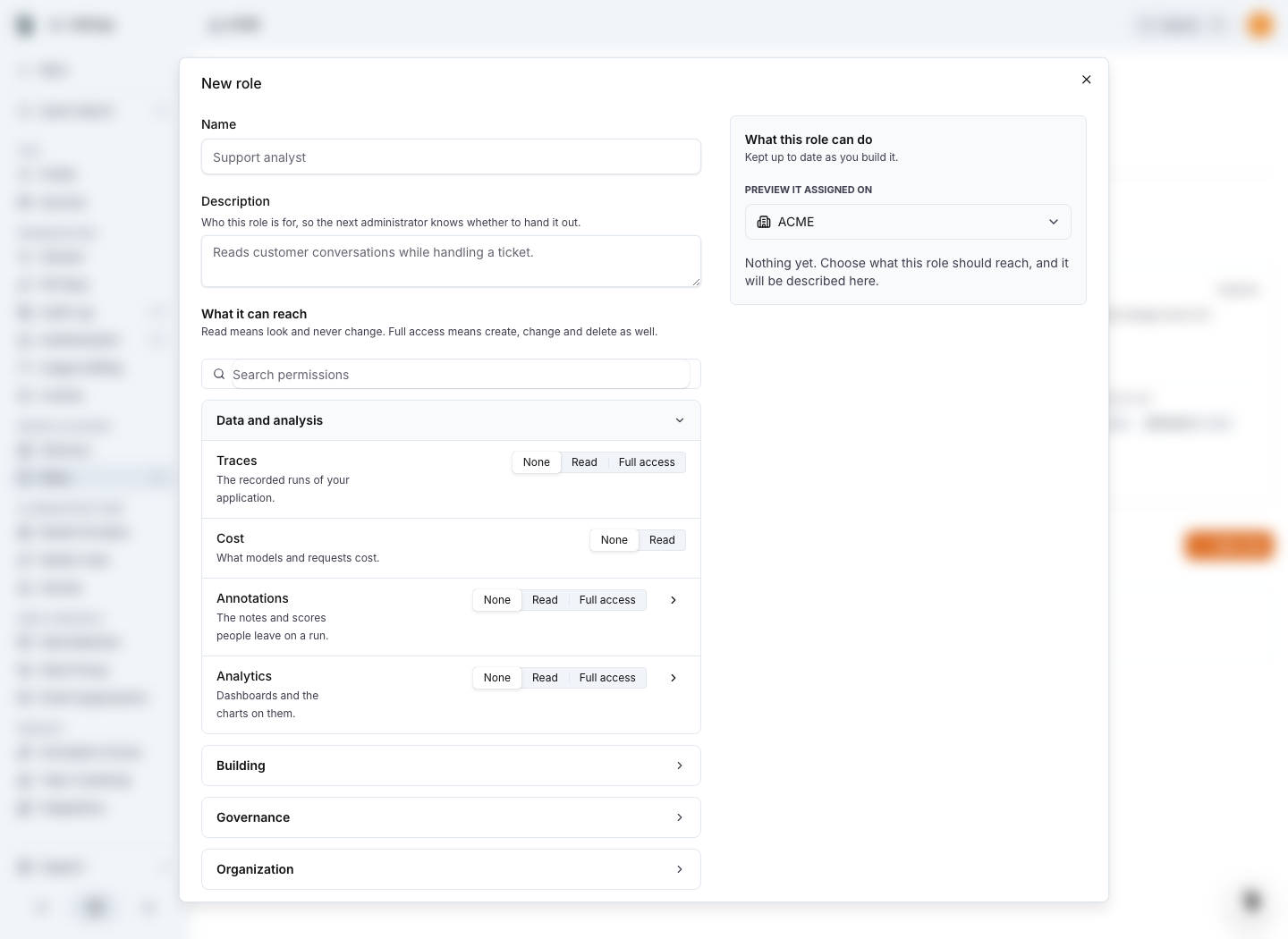 The custom-role editor with permission levels and a scope preview