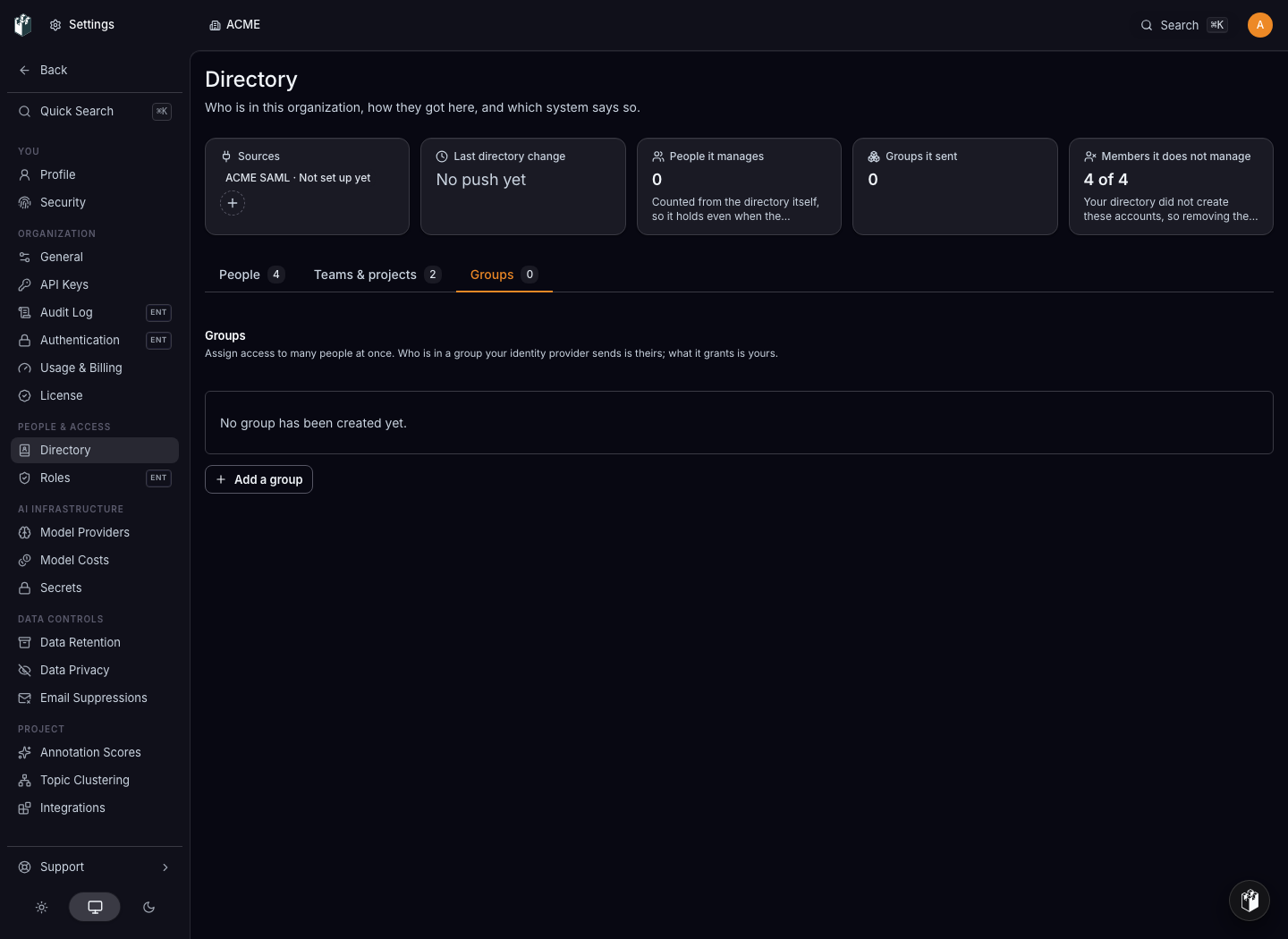 The Directory Groups tab and the action to add a manual group