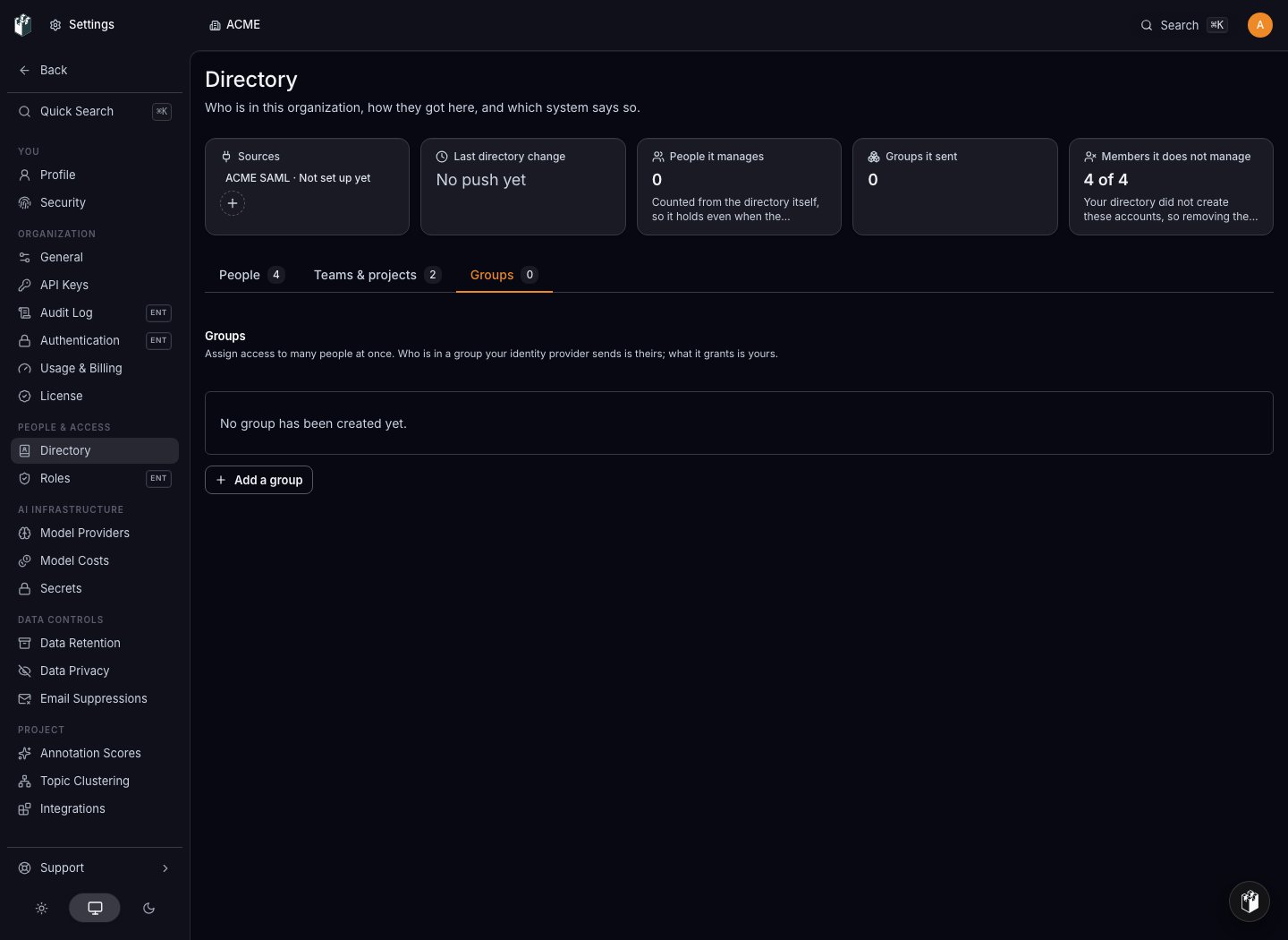 The Directory Groups tab and the action to add a manual group