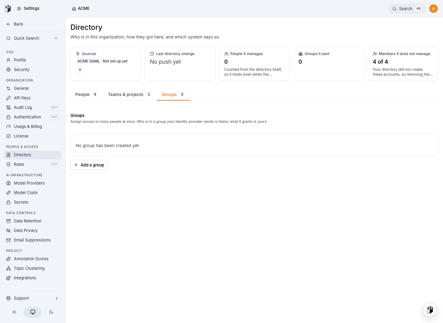 The Directory Groups tab and the action to add a manual group