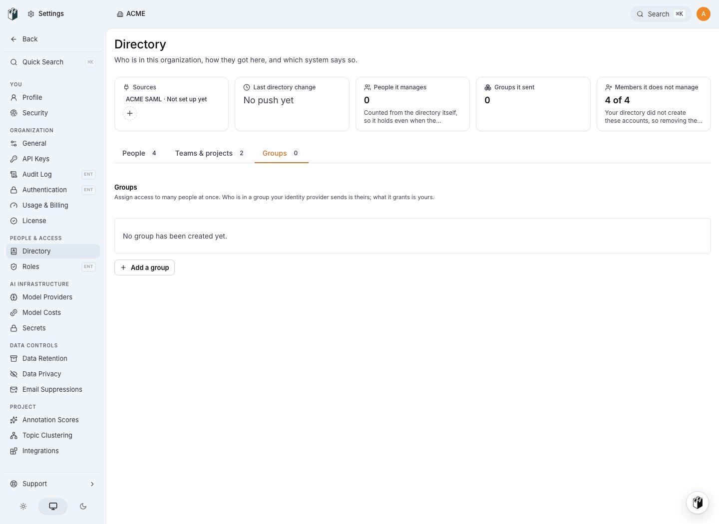 The Directory Groups tab and the action to add a manual group