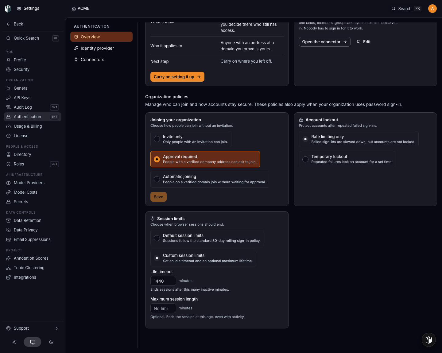 Organization policies remain available without an active SSO connection