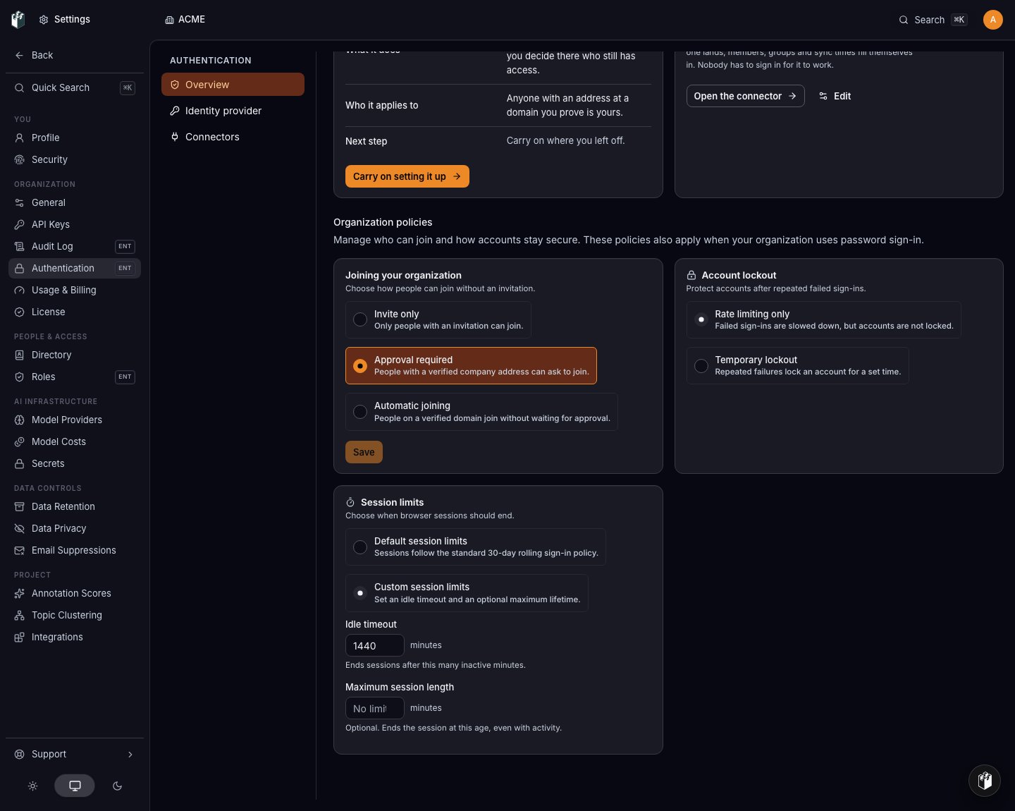 Organization policies remain available without an active SSO connection