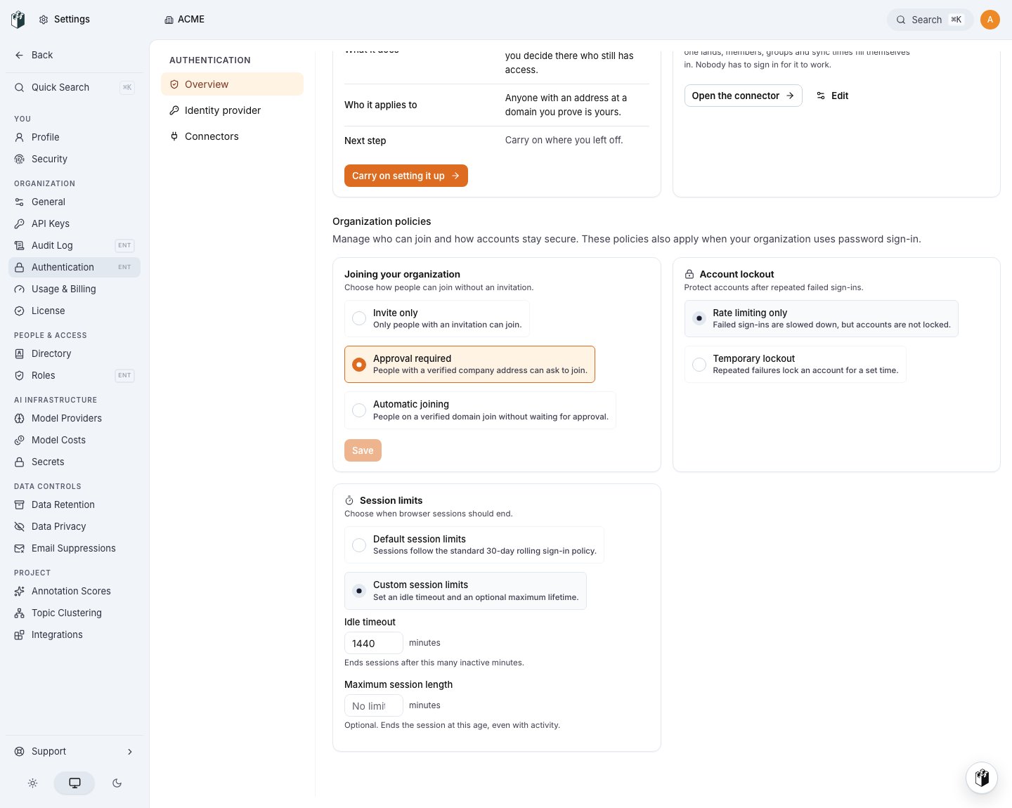 Organization policies remain available without an active SSO connection