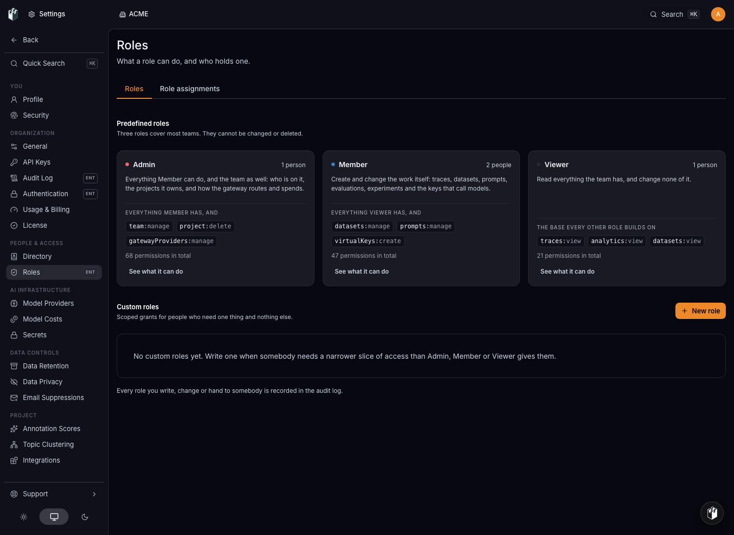Built-in roles and the New role action in LangWatch