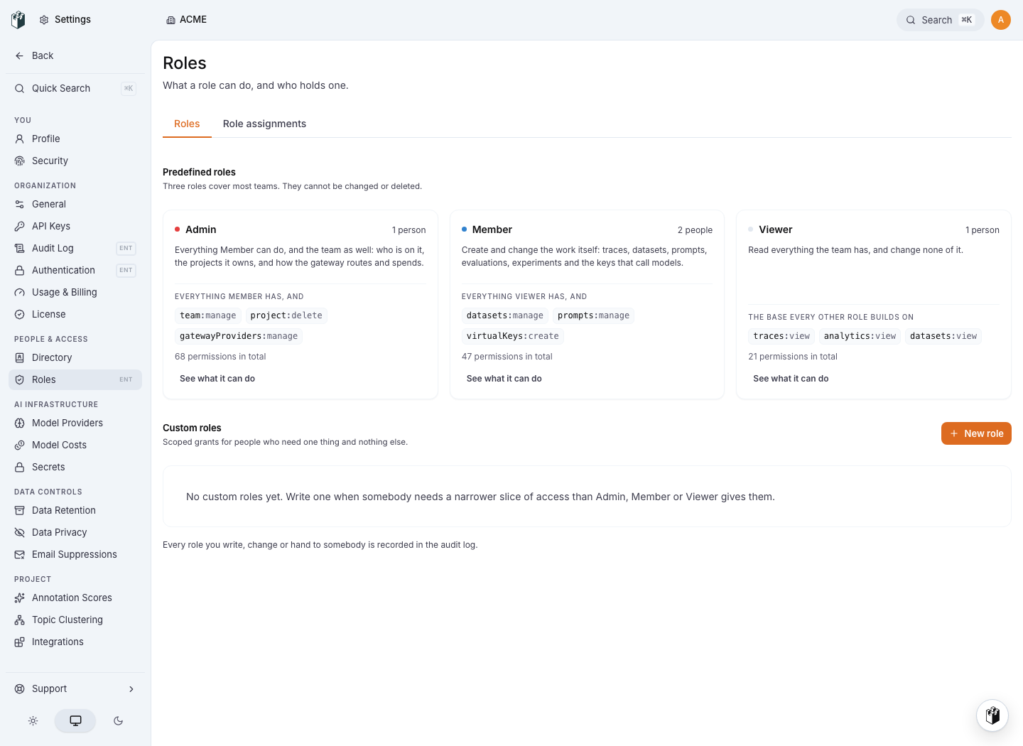 Built-in roles and the New role action in LangWatch