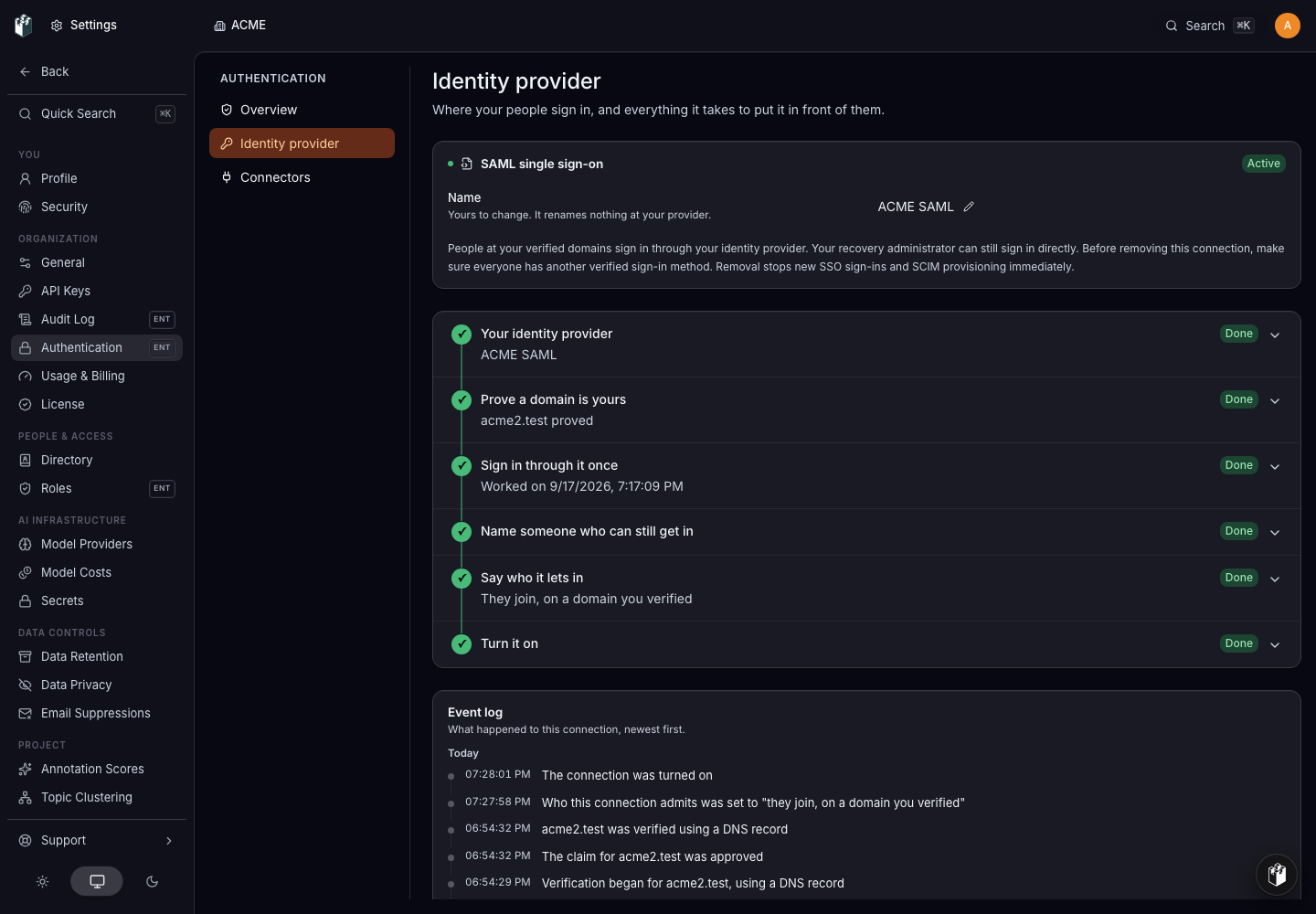 An active SAML connection with verified-domain admission and completed setup checks