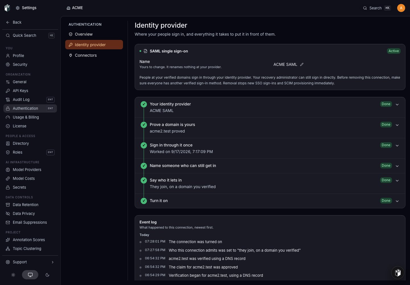 An active SAML connection with verified-domain admission and completed setup checks