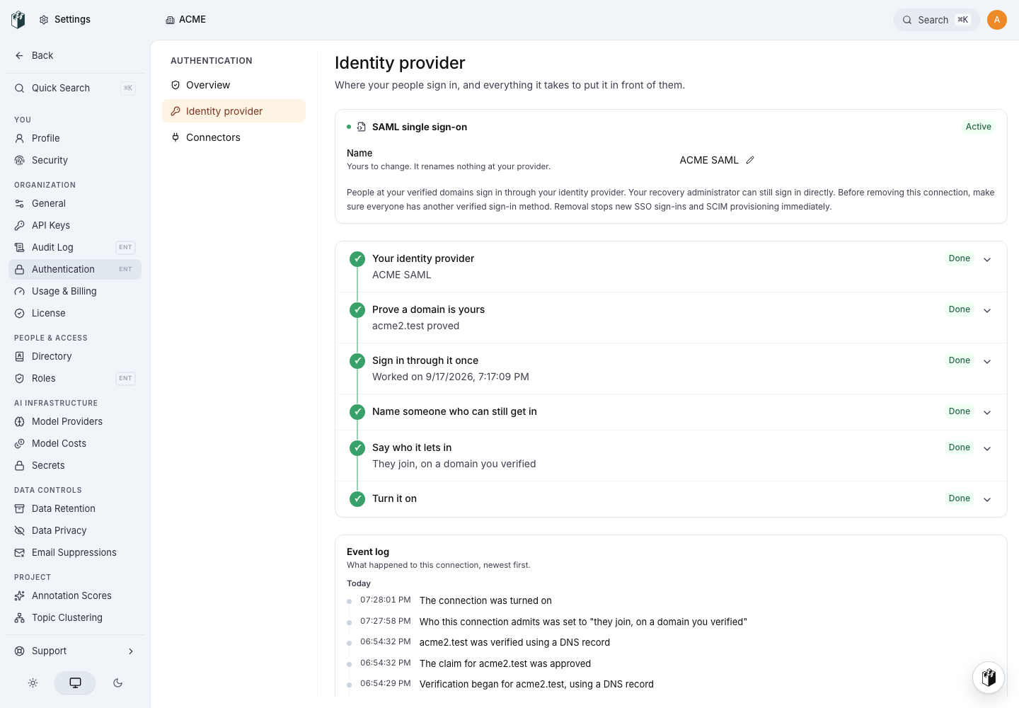 An active SAML connection with verified-domain admission and completed setup checks
