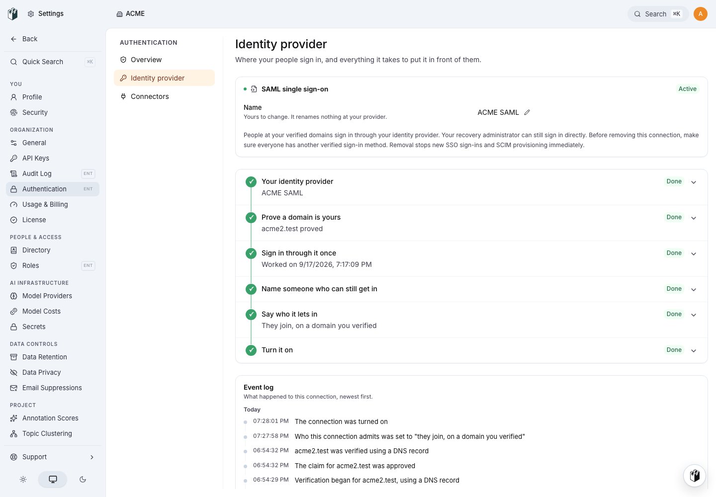 An active SAML connection with verified-domain admission and completed setup checks