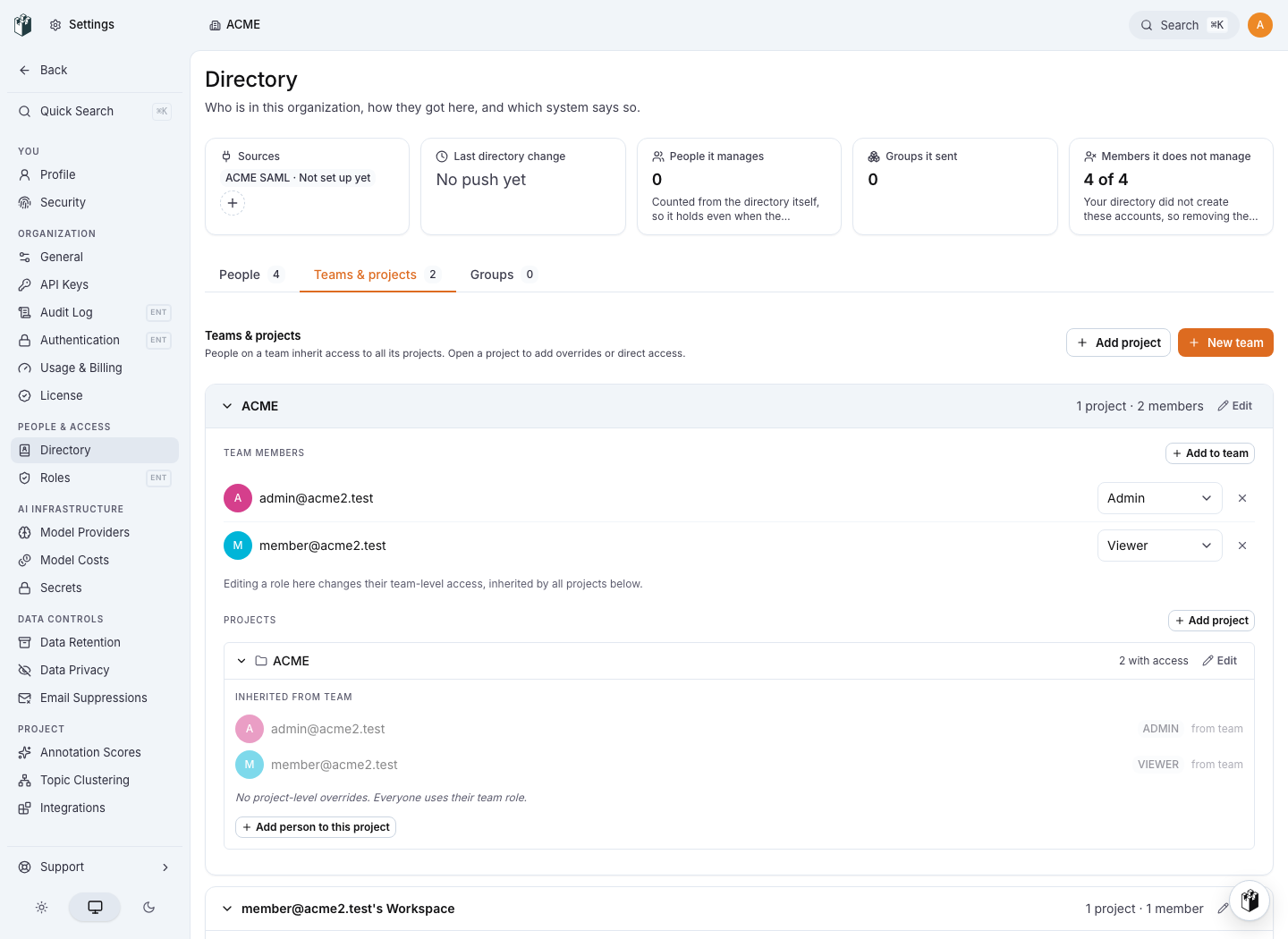 Teams and projects with direct and inherited access