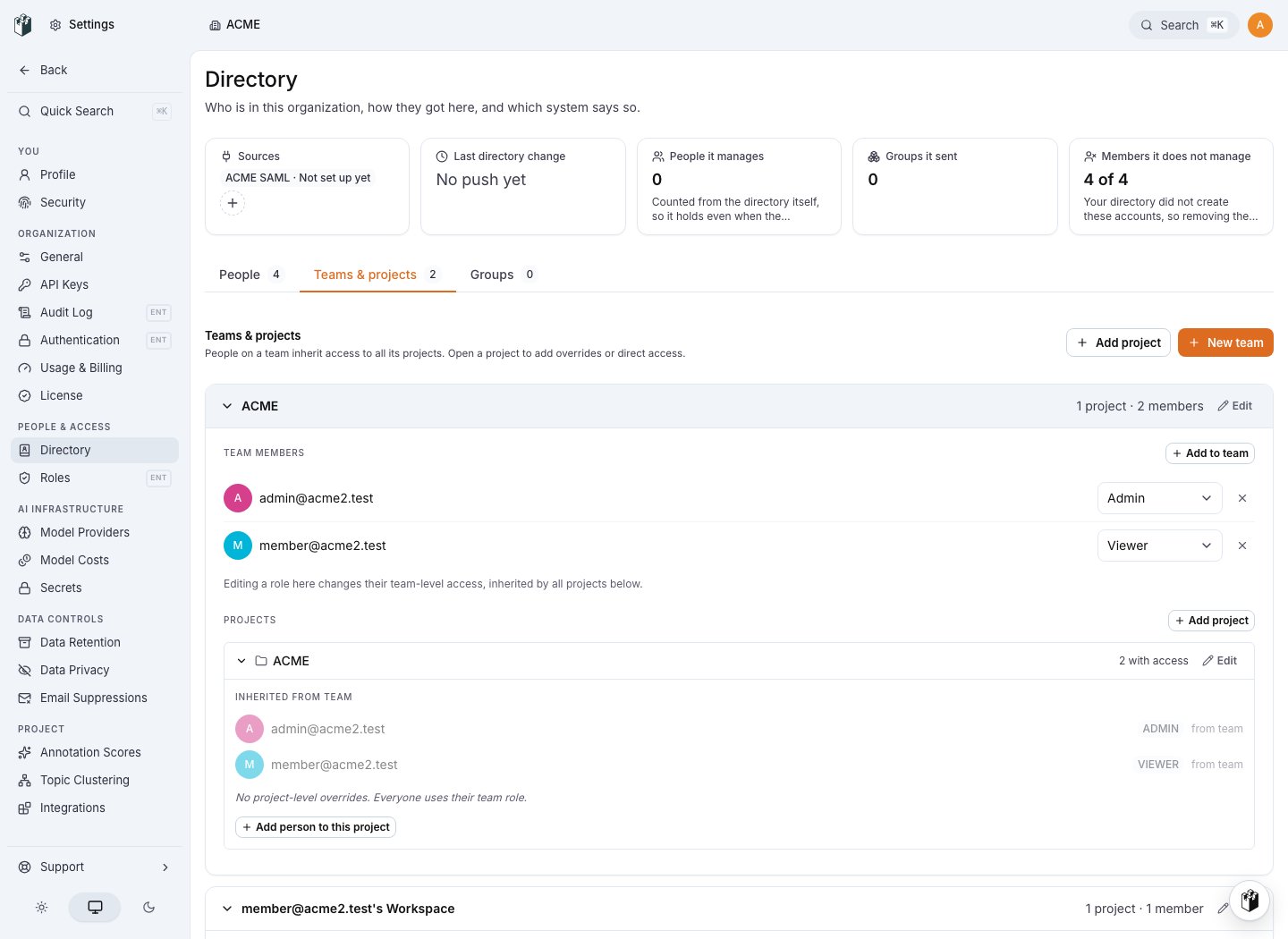 Teams and projects with direct and inherited access