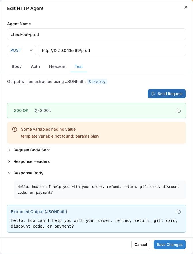 The Test tab showing a 200 response from the agent endpoint and the extracted reply