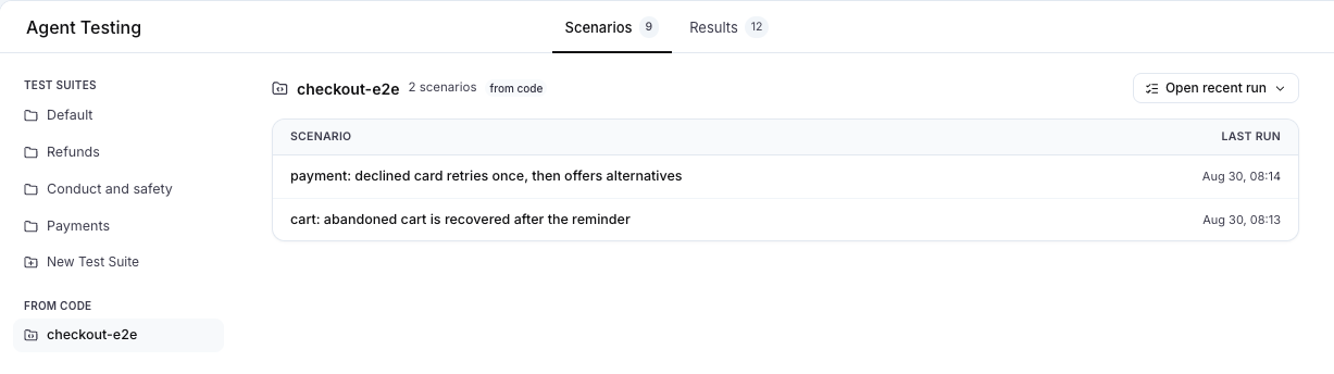 A From Code test suite, with its scenarios and their last runs
