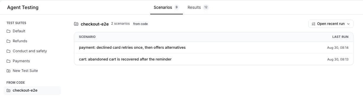 A From Code test suite, with its scenarios and their last runs