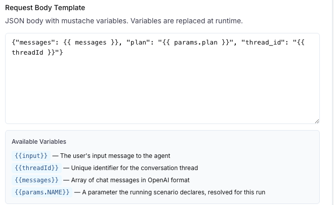 The HTTP agent body template with plan read from params.plan, and the variables hint listing params.NAME