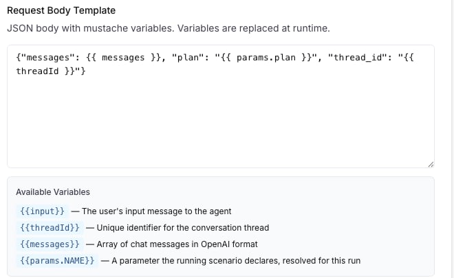 The HTTP agent body template with plan read from params.plan, and the variables hint listing params.NAME