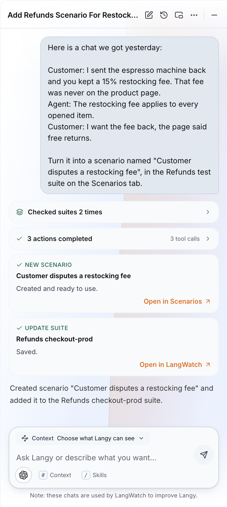 Langy creating a scenario from a pasted snippet of a customer chat