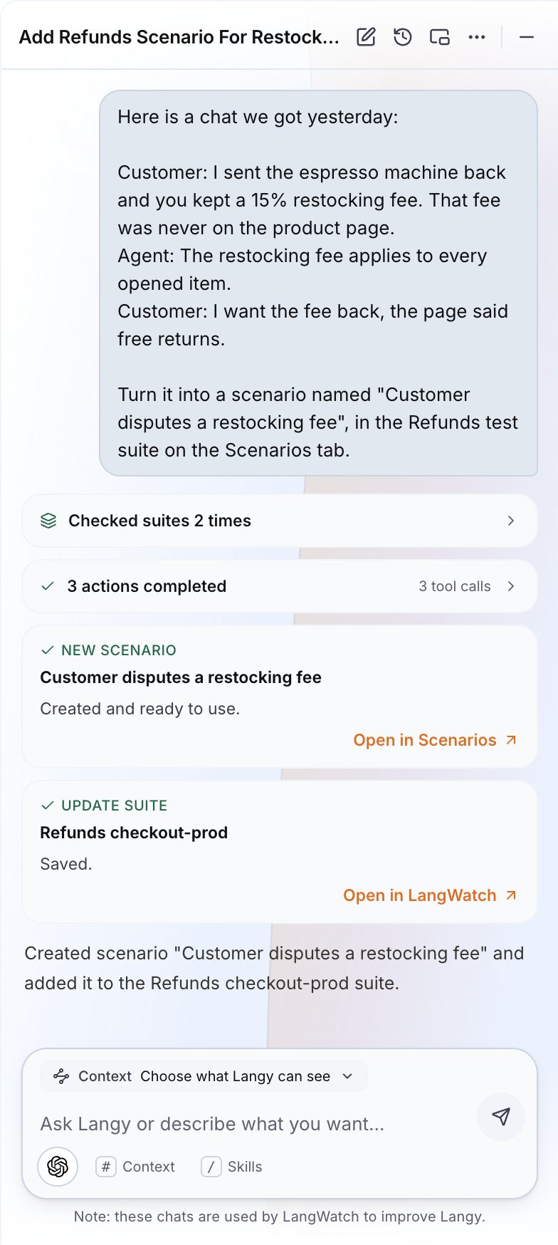 Langy creating a scenario from a pasted snippet of a customer chat