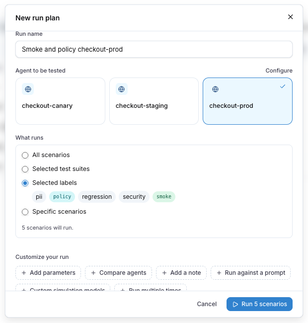 The New run plan dialog with What runs set to Selected labels