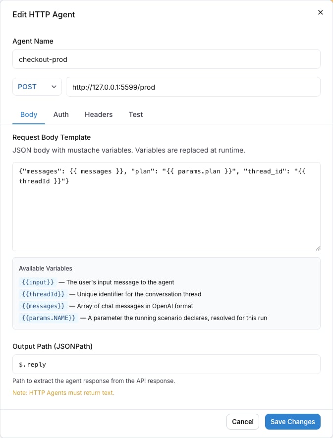 The HTTP agent editor with the endpoint URL, request body template and output path