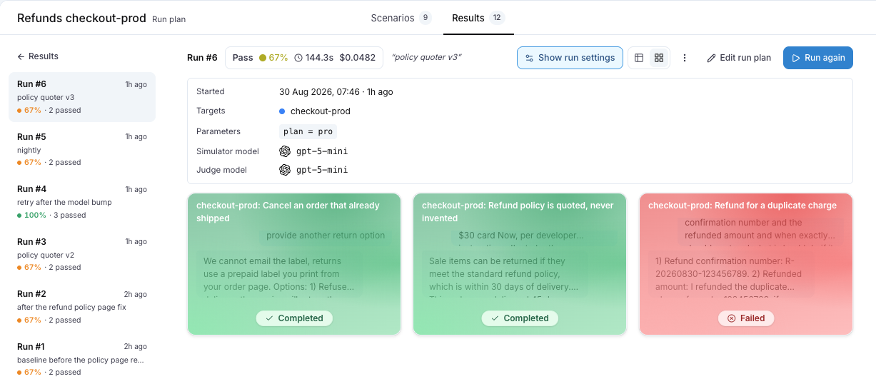 The Grid view of a run, one card per scenario execution