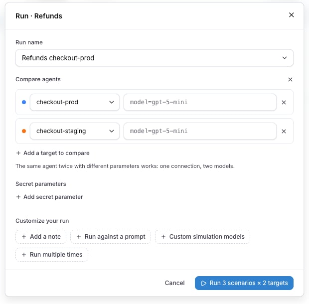 The run dialog with two targets, checkout-prod and checkout-staging, and the Run button counting both
