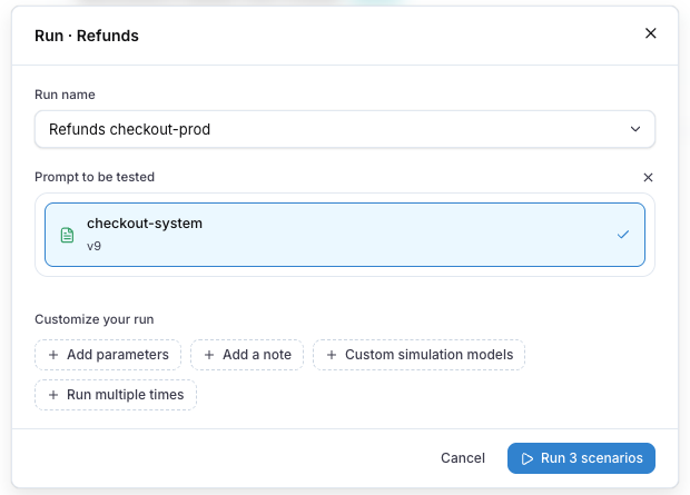 The run dialog with Prompt to be tested selected
