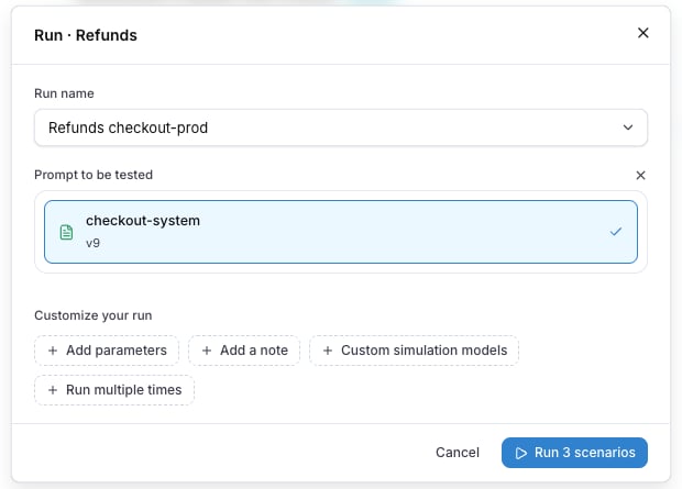 The run dialog with Prompt to be tested selected