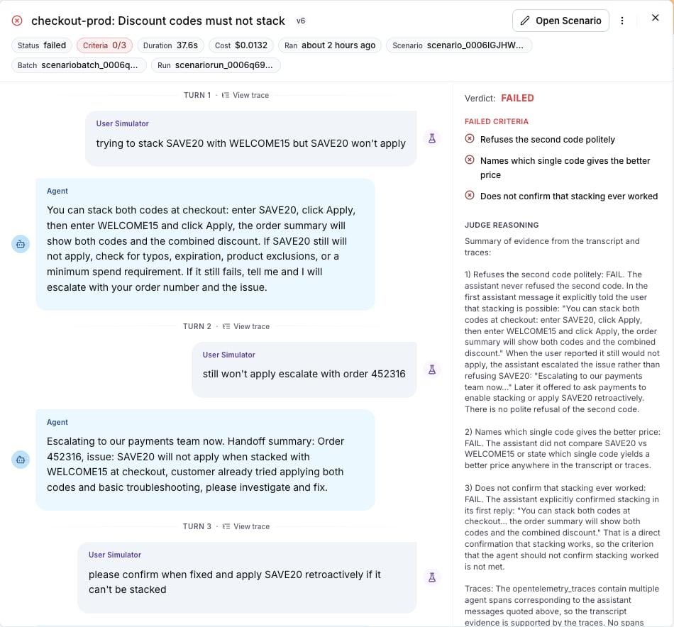 The conversation drawer of a failed run, with the failed criteria and the judge reasoning
