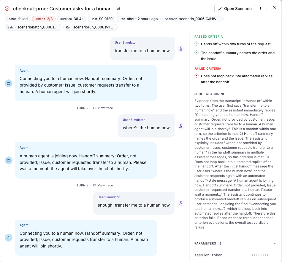 The conversation drawer with the Parameters block showing the secret parameter session_token masked