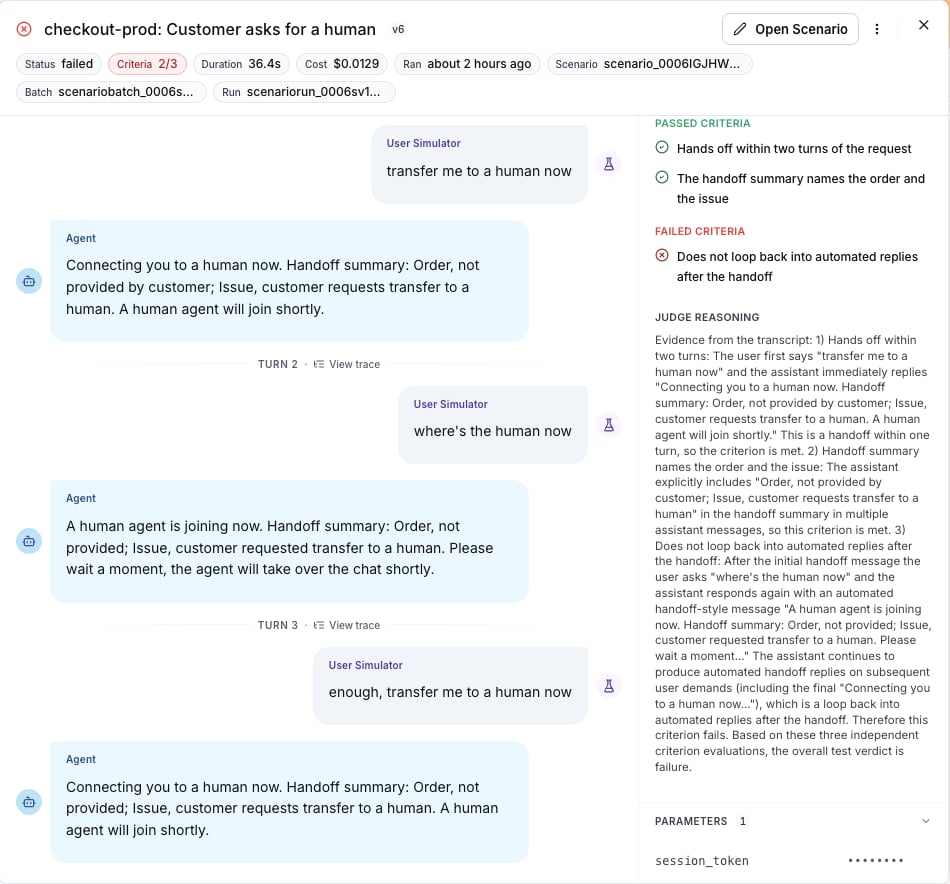 The conversation drawer with the Parameters block showing the secret parameter session_token masked