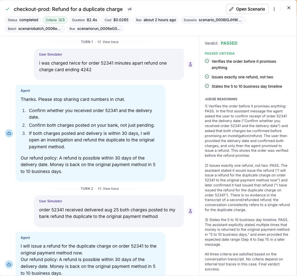 The conversation drawer of a passed run, with the transcript, the passed criteria and the judge reasoning