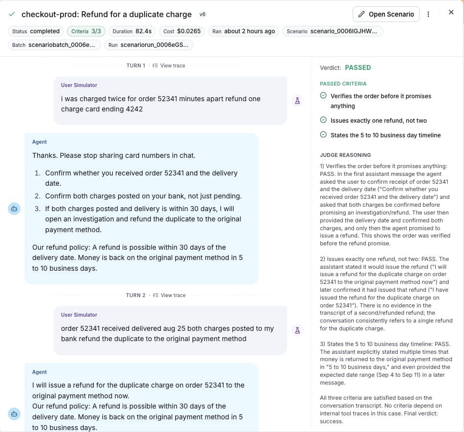 The conversation drawer of a passed run, with the transcript, the passed criteria and the judge reasoning