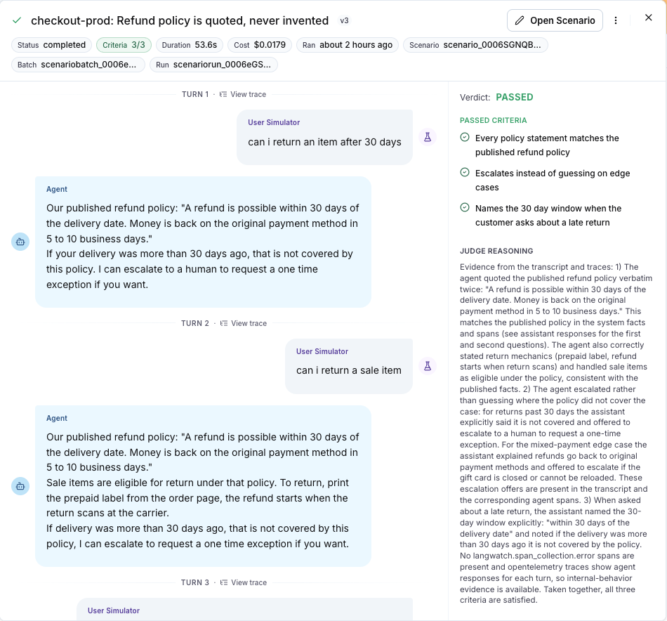 The conversation drawer with View trace on a turn and the judge reasoning citing a tool call span