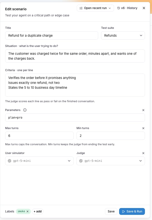 The Customize scenario chips expanded: parameters, min and max turns, and the model overrides