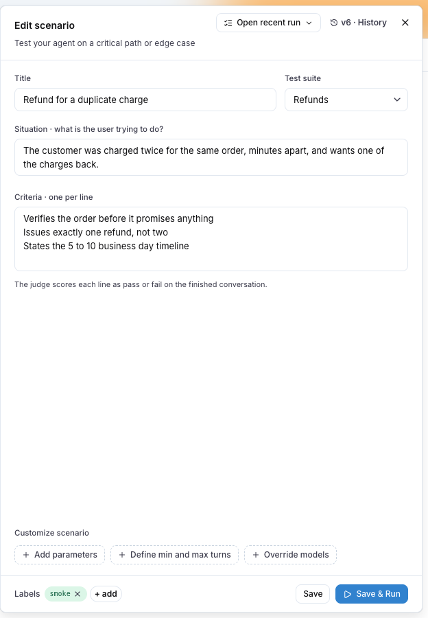 The scenario editor with the title, the test suite, the situation, the criteria and the labels