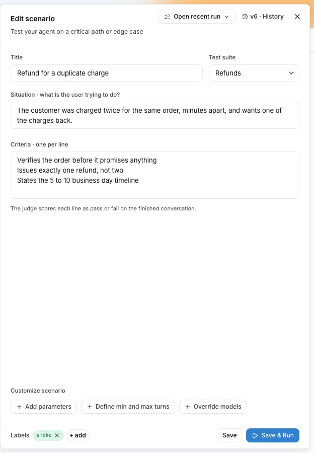 The scenario editor with the title, the test suite, the situation, the criteria and the labels