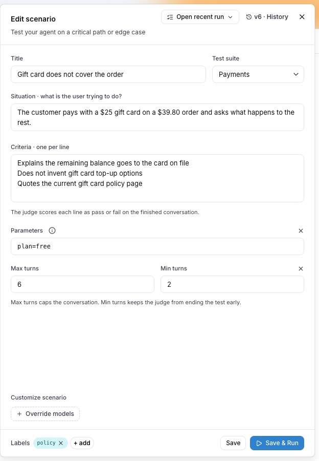 The scenario editor with the parameters block open, declaring plan and locale with their defaults, and params.plan read in the situation