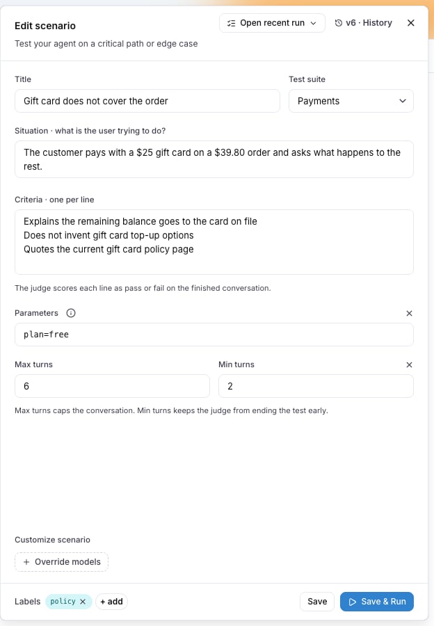 The scenario editor with the parameters block open, declaring plan and locale with their defaults, and params.plan read in the situation