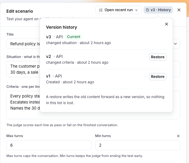 The version history of a scenario, with Restore on an older version