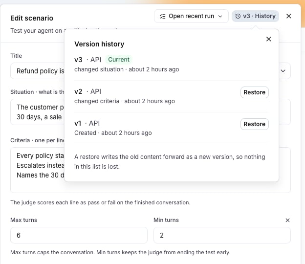 The version history of a scenario, with Restore on an older version