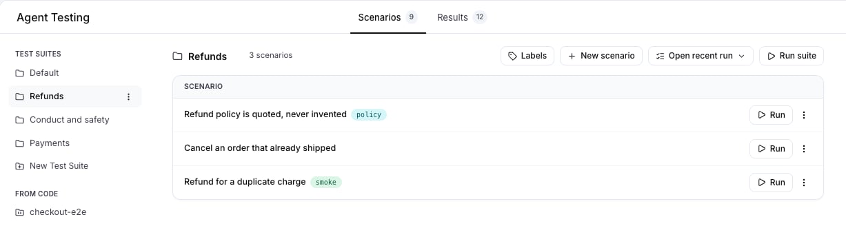 The Scenarios tab with the test suite rail on the left and the scenarios of the Refunds test suite, with their labels