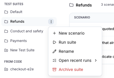 The test suite rail with the row menu of the Refunds test suite open
